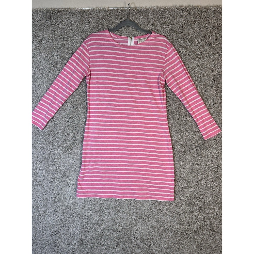 Sail to‎ Sable Medium STS Pink White Striped Knit Dress 3/4 Sleeve Gold Zip Back